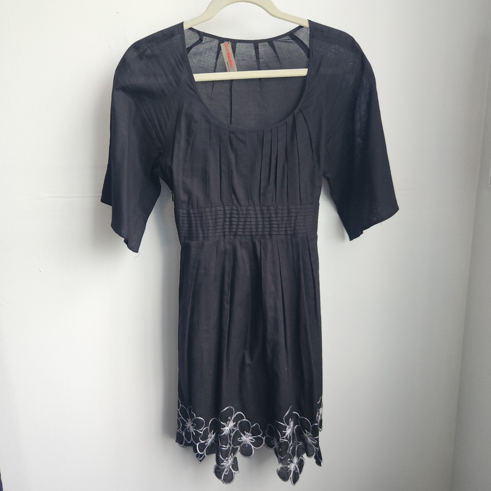 Prada Black Sheer Cotton Embroidered Floral Tie Back Dress Made Italy Small